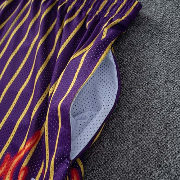 Eric Emanuel EE logo Yellow Flame Print Casual Purple Sports Shorts - Picture 8 of 12